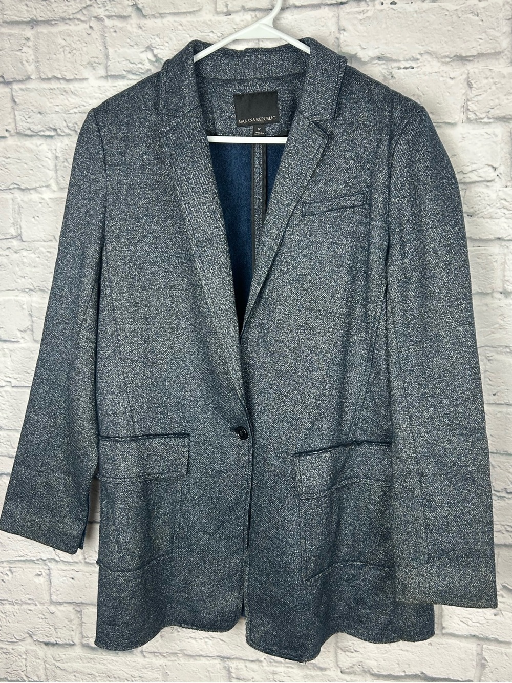 Banana Republic Women’s 12 Blue Wool Blend Longline Blazer Jacket Heather Navy